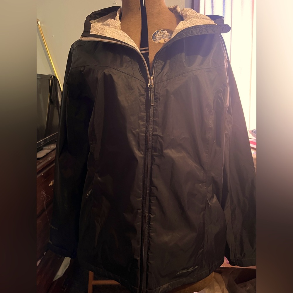 Eddie Bauer Jacket Womens XL Black Hooded Weatheredge Outdoor Rain Jacket Zip